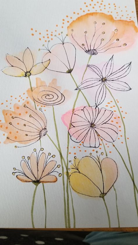 Watercolour And Ink Flowers Simple, Ink On Watercolor Background, Line And Wash Ideas, Watercolor Ink Flowers, Watercolor Flowers With Pen Outline, Watercolor And Pen Art Flowers, Ink And Wash Flowers, Watercolor With Ink, Watercolor And Pen Flowers