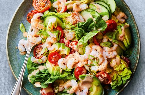 Prawn Cocktail & Avocado Salad Recipe | Waitrose & Partners Avocado Cocktail, Cocktail Salad, Crispy Chicken Burgers, Retro Dishes, Prawn Cocktail, Avocado Salad Recipes, Roasted Cherry Tomatoes, Light Lunch, Avocado Salad