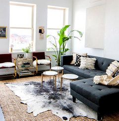 Living Room Rug Layout, Cowhide Rug Living Room, Rugs Layout, Living Room Farmhouse Decor, Black Brazilian, Living Room Decor Colors, Trendy Living Rooms, Hide Rug, Cowhide Rug