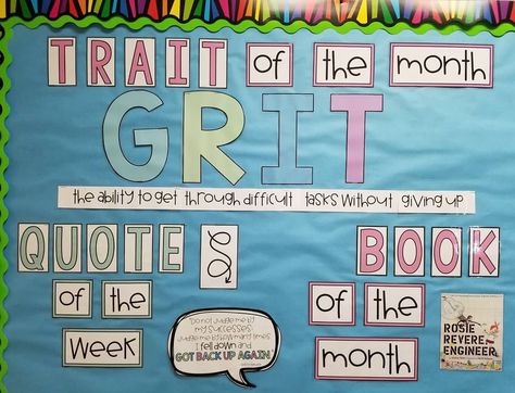 Character Strong Bulletin Board Ideas, Grit Classroom Decor, Grit Bulletin Board Elementary, Character Trait Bulletin Board, Monthly Character Traits Bulletin Boards, Character Trait Of The Month Bulletin Board, Character Trait Bulletin Board Ideas, Elementary School Social Work, Grit Bulletin Board