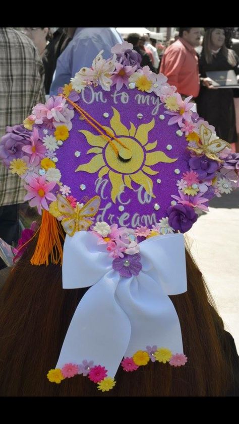 Graduation Cap Rapunzel, Tangled Senior Crown, Grad Cap Ideas Tangled, Encanto Graduation Cap, Tinker Bell Graduation Cap, Tangled Grad Cap, Rapunzel Graduation Cap, Princess Graduation Cap, Senior Crown Ideas 2023