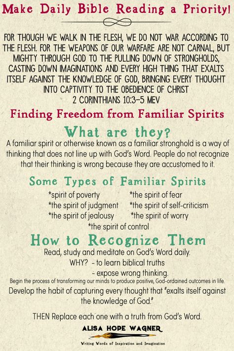 What are they? A familiar spirit or otherwise known as a familiar stronghold is a way of thinking that does not line up with God’s Word. People do not recognize that their thinking is wrong because they are accustomed to it. Familiar Spirits, How To Connect With Spirits, Communicating With Spirits, Connect With Spirit Guide, Christian Workout Songs, Prayer Against Monitoring Spirits, Wisdom Bible, Prayer Strategies, God Didn’t Give Us The Spirit Of Fear