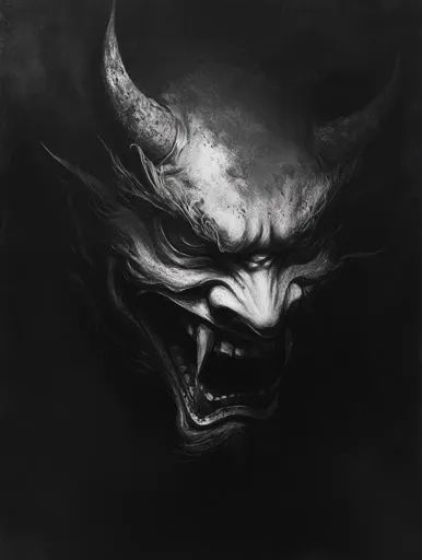 ↑↑↑ Larger size on website 🔸 A demonic face with horns and a gaping maw, rendered in shades of grey, against a dark background. T Demonic Face, Statue Tattoos, Horns Reference, Sinister Tattoos, Demon Inside, Skulls Wallpaper, Black Skulls Wallpaper, Dark Demon, Black And White Photography Portraits