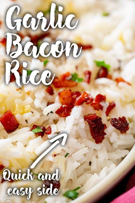 When you need a delicious and easy side dish, this Garlic Bacon Rice is perfect. With crispy bacon, plenty of mellow garlic, and fluffy white rice, your whole family will love this super simple side dish that works with so many different meals. If you want to know how to cook rice with flavor, then look no further, this dish is yummy enough that you can eat it on its own! Serve this flavored white rice with some creamy chicken, grilled chicken thighs, or seared steak. Rice And Bacon Recipes, Flavored White Rice, Fluffy White Rice, Bacon Rice, Rice Dishes Recipes, Bacon Dinner, Sprouts Recipes, Rice Pilaf Recipe, Pilaf Recipe