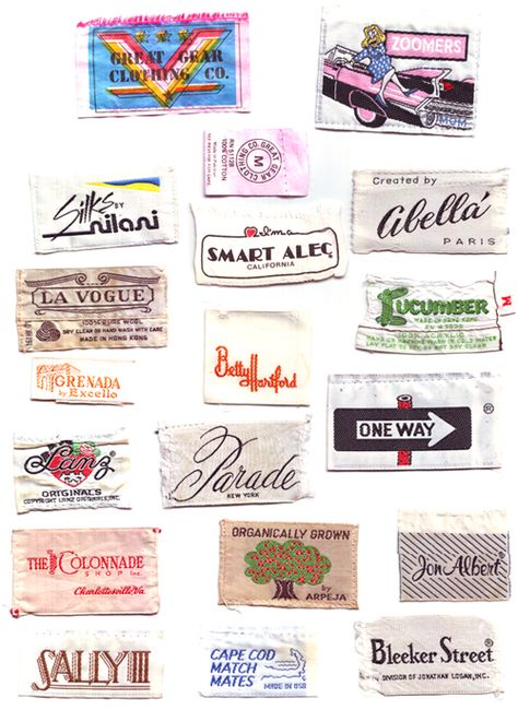 Clothing Tag Collection. Collected by Kit French. Vintage Clothing Labels Tags, Vintage Brands Clothing, Unique Clothing Labels, Label Tag Clothing, Clothing Line Branding, Clothing Tag Design Ideas, Vintage Clothing Tags, Clothing Labels Design Ideas, Clothing Brand Tags