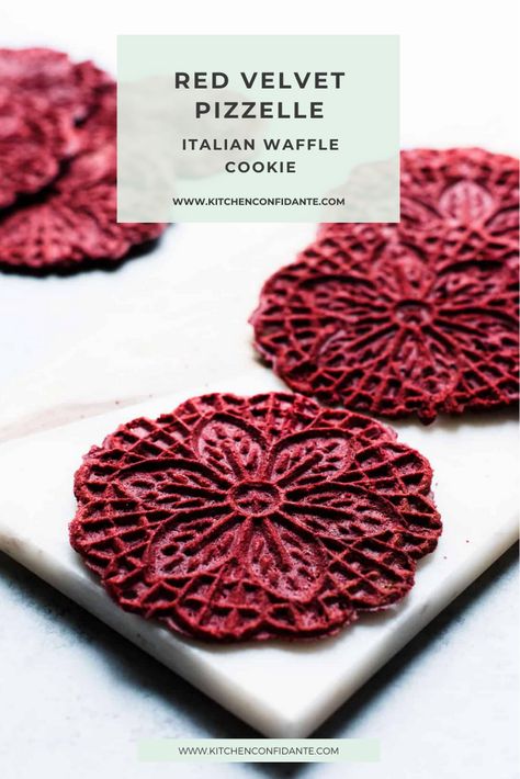 Traditional Italian waffle cookie gets a red velvet twist in this Red Velvet Pizzelle, perfect for sharing with that special someone! #pizelle #redpizelle #velvetpizelle #delicious | kitchenconfidante.com @kitchconfidante Red Velvet Pizzelle Recipe, Italian Waffle Cookies, Colored Pizzelles, Pizzelle Cookies Recipe, Cream Filled Pizzelle Recipe, Pizzle Cookies Pizzelle Recipe, Peanut Butter Pizzelle Recipe, Pizelle Cookies Recipes, Filled Pizzelles