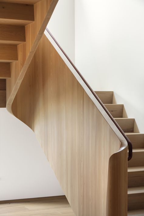 Curved solid cypress stair detail Minimal Staircase, Wooden Staircase, Entry Stairs, Neoclassical Interior, Stair Railing Design, Stairs Architecture, Stair Handrail, Staircase Railings, Wooden Staircases