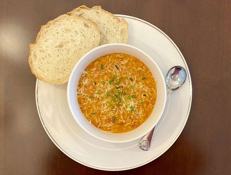 Tomato Soup Risotto, Giada De Laurentiis Soup Recipes, Tomato Rotini Soup, Tomato Soup Risotto Giadzy, Risotto Giada De Laurentiis, Roared Tomato Soup, Grilled Ham And Cheese, Grilled Ham, Ham And Cheese Sandwich