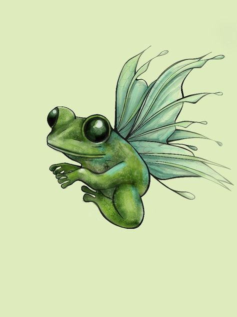 Frog With Fairy Wings Tattoo, Fantasy Frog Art, Fairy Animals Drawing, Flying Animals Drawing, Frogs With Wings, Frog With Wings Drawing, Frog Fairy Tattoo, Frog With Wings Tattoo, Goblincore Tattoo