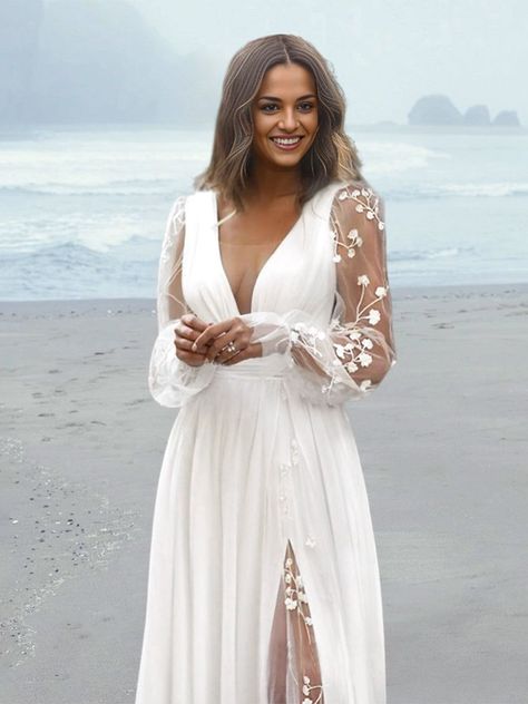 A-Line/Princess V-Neck Floor-length Wedding Dress -  #ALinePrincess #Dress #Floorlength #Vneck #Wedding Wedding Dresses Body Type, Greek Island Wedding Dress, Simple Vow Renewal Dress, Renew Vows Dress, Wedding Dress For Bigger Brides, Elopment Dresses Long, Fall Wedding Dresses Bride, Plus Sized Wedding Dress, Secret Wedding Ideas