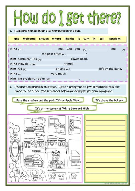 HOW DO I GET THERE worksheet - Free ESL printable worksheets made by teachers Directions Worksheet For Kids, Giving Directions Worksheet, Directions Worksheet, Math Fact Worksheets, English Teaching Resources, Worksheet For Kids, English Grammar Worksheets, Conversation Cards, Speaking Activities