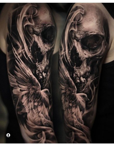 Evil Tattoos Demons Dark Art, Skull Tattoo Sleeve For Men, Angel Skull Tattoo, Angel And Skull Tattoo Design, Three Skulls Tattoo, Angel Skull Tattoo Design, Skull And Wings Tattoo Design, Skull Wing Tattoo, Half Skull Tattoo