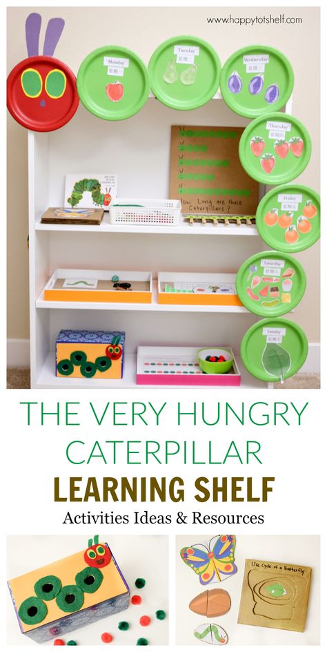 The Very Hungry Caterpillar Theme Learning activities for preschoolers and toddlers. Eric Carle book activities. Montessori shelf. Created by Happy Tot Shelf #happytotshelf #ericcarle #theveryhungrycaterpillar #montessorishelf #handsonlearning #homeschool #toddlers #preschoolers Caterpillar Activities For Toddlers, Learning Shelf, Hungry Caterpillar Classroom, Caterpillar Activities, The Very Hungry Caterpillar Activities, Hungry Caterpillar Craft, Hungry Caterpillar Activities, Caterpillar Craft, Activities For Toddlers