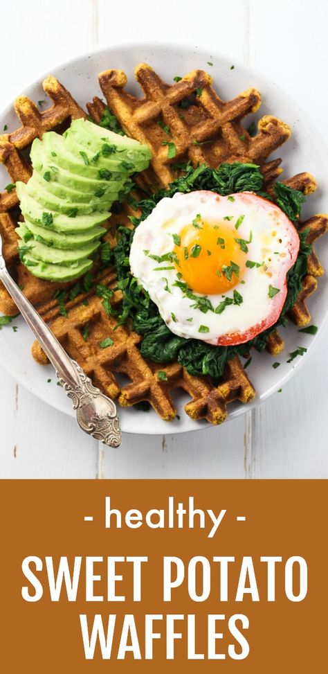 These sweet potato waffles are very easy to make and can be served with sweet as well as savory toppings. A great recipe for using up leftover sweet potatoes. #waffles #sweetpotato #recipe #healthy #cleaneating #realfood #vegetarian Healthy Savory Waffles, Sweet Potato Waffles Healthy, Potatoes Waffles, Leftover Sweet Potato, Leftover Sweet Potatoes, Breakfast Sweet Potato, Stuffed Waffles, Potato Waffle Recipe, Chia Yogurt