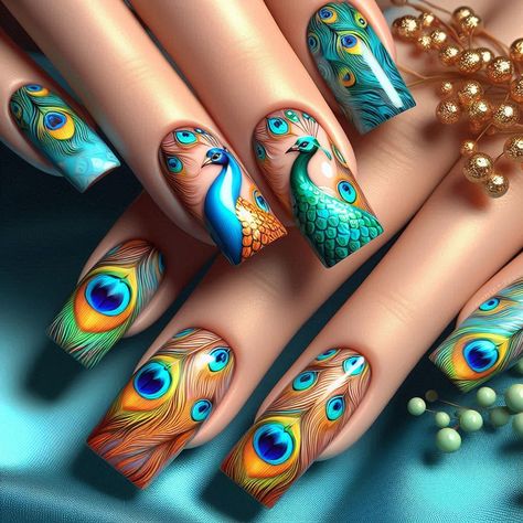 💙💜💗Unique nail design ideas ❤💛💚 Made with AI @Copyright by អាណាចក្រសម្រស់ [[ Beauty Empire ]] 🇰🇭 Peacock Manicure, Peacock Nail Designs, Teal Acrylic Nails, Peacock Nails, Feather Nail Art, Fancy Nail Art, Green Nail Designs, Cute Nails For Fall, Green Nail