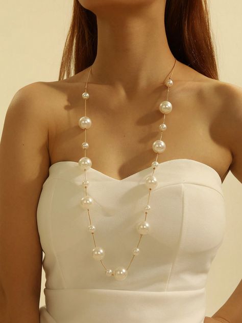 1pc European And American Popular Long Pearl Sweater Chain NecklaceI discovered amazing products on SHEIN.com, come check them out! Pearl Sweater, Wedding Charm, Long Necklaces, Versatile Jewelry, Gold Pearl Necklace, Sweater Chain, Lingerie Accessories, Watches Women Fashion, Fashion Jewelry Necklaces