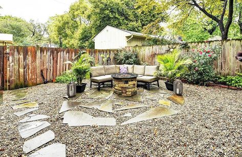 Gravel Backyard With Flagstone Walkway And Patio With Fire Pit Gravel Backyard Ideas, Gravel Backyard, Witch Hut, Pea Gravel Patio, Flagstone Walkway, Flagstone Path, Gravel Landscaping, Yard Ideas Backyard, Backyard Swings