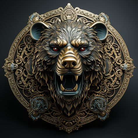 Realistic copper coin emblem depicting an angry bear. Great attention to detail to achieve a realistic image. The properties of brass are used to emphasize authenticity, warm golden tones and characteristic patina. Added intricate patterns that enhance the aesthetic appeal of the emblem Copper Logo, California Tattoo, Heraldry Design, Angry Bear, Egyptian Deity, Copper Coin, Golden Bear, Animal Symbolism, Winter's Tale