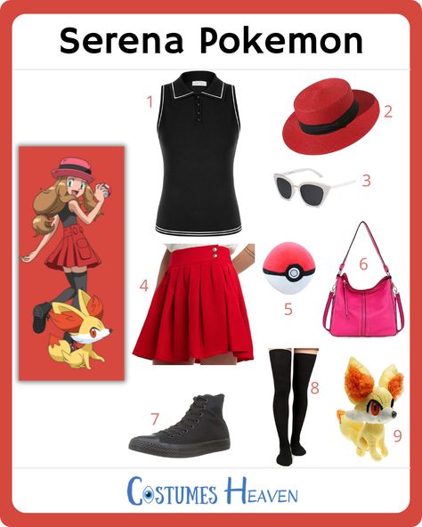 Serena Pokemon Cosplay Show up to the party in chic and spontaneous style with Serena Pokemon cosplay. Keep the Pokemon theme going at your next costume event. #serenapokemoncostume #serenapokemon #cosplay #halloweencostume #costumesheaven #costumeguide #costume Pokemon Cosplay Female, Pokemon Trainer Cosplay, Pokemon Trainer Costume, Pokemon Women, Cosplay For Women, Serena Pokemon, Pokemon Costumes, Red Pleated Skirt, Pokemon Clothes