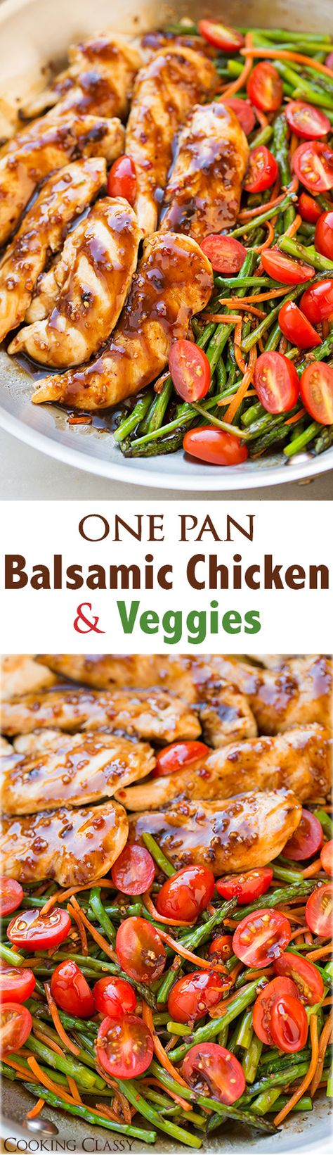 One Pan Balsamic Chicken and Veggies - This is seriously easy to make and it tastes AMAZING! Had it ready in 20 minutes! Balsamic Chicken And Veggies, One Pan Balsamic Chicken, Chicken And Veggies, One Pot Dinners, Balsamic Chicken, God Mat, Cooking Classy, One Pan, Easy Healthy Dinners