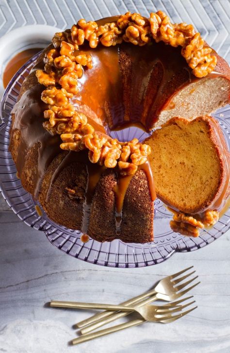 Cinnamon Swirl Bundt Cake with Salted Coffee-Caramel Sauce Recipe — Salt & Wind Travel Cinnamon Walnut Coffee Cake Recipe, Coffee Caramel Sauce, Cinnamon Swirl Bundt Cake, Swirl Bundt Cake, Salted Caramel Cake, Coffee Caramel, Caramel Recipes Sauce, Cinnamon Coffee, Walnut Cake