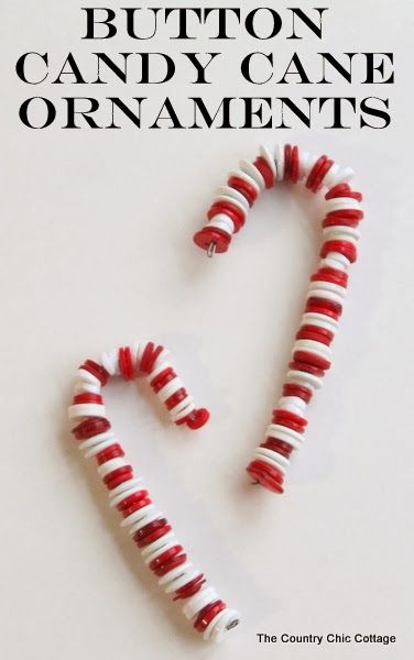 Button Candy Cane Christmas Ornaments -- handmade ornament tutorial that will have your tree full of button candy canes in no time. Button Inspiration, Christmas Button Crafts, Xmas Beads, Candy Cane Ornaments, Button Ornaments, Candy Cane Ornament, Christmas Buttons, Country Chic Cottage, Candy Cane Christmas