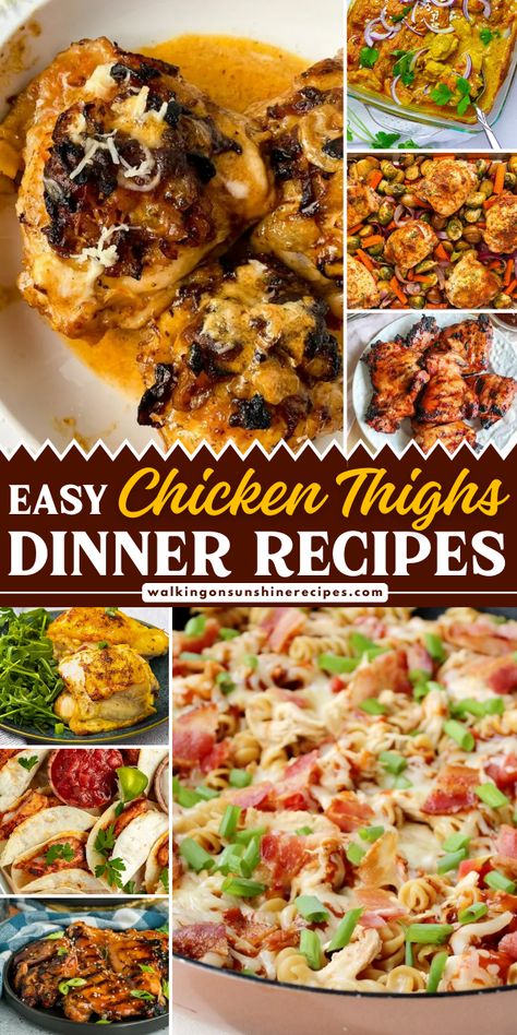 Discover easy chicken thighs dinner recipes that will make you want to skip getting takeout tonight! Enjoy simple, delicious, and comforting meals using chicken thighs from chicken pasta to pollo asado tacos - perfect for any weeknight. Tasty Chicken Thigh Recipes, Chicken Thigh Family Dinner, Chicken Thigh Meal Recipes, Recipe Using Chicken Thighs, Dark Meat Chicken Recipes Dinners, Stove Top Chicken Thigh Recipes, Chicken Thighs Casserole Recipes, Chicken Thigh Meal Ideas, Chicken Thigh Healthy Recipes