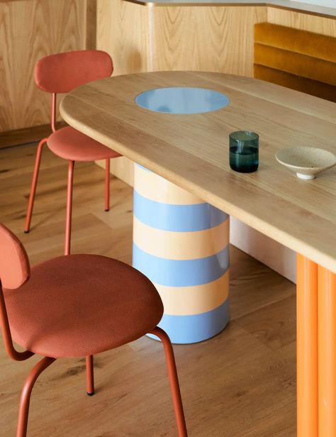 A Blue + Peach Sydney Apartment For A Young Family Mediterranean Palette, Built In Booth, Yellow Side Table, Sydney Apartment, Timber Sliding Doors, Peach Paint, Dining Banquette, Kitchen Benchtops, Booth Seating