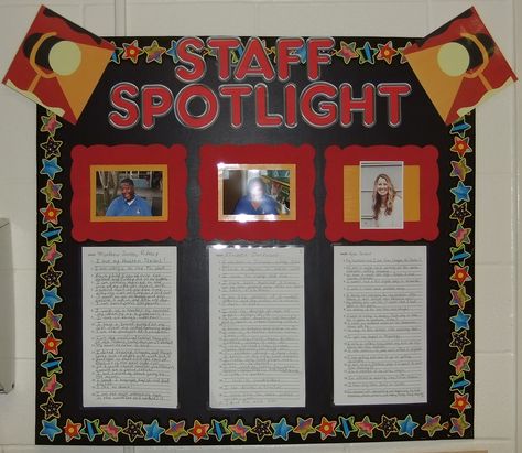 Staff Spotlight Board - 20 Things You Need to Know About Me Staff Highlight Board, Staff Spotlight Bulletin Board, Employee Spotlight Board Ideas, Meet The Team Bulletin Board, Spotlight Bulletin Board, Team Bulletin Board, Teacher Spotlight, Staff Spotlight, Office Bulletin Boards