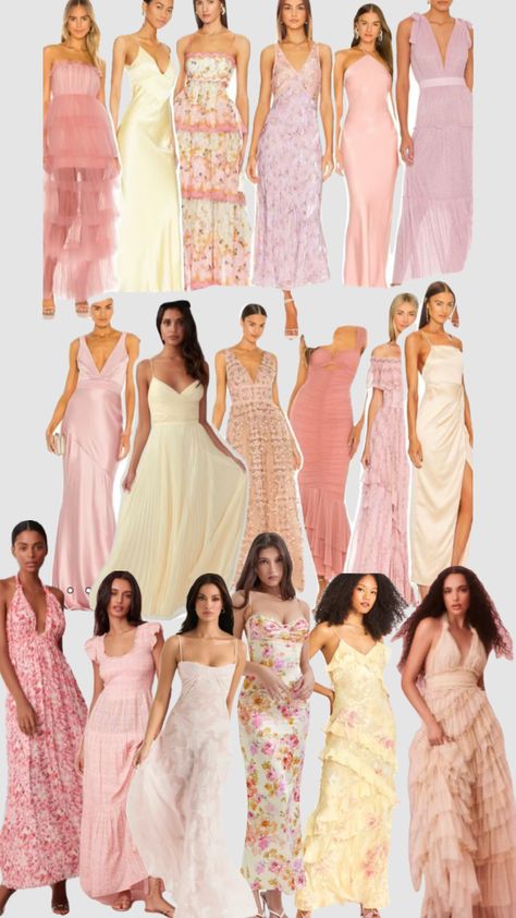 Created by taytatottt on Shuffles Wedding Entourage Gowns, Sunset Wedding Theme, Entourage Gowns, Pastel Wedding Theme, Wedding Entourage, Bridal Wardrobe, Dress Code Wedding, Yellow Bridesmaid Dresses, Summer Wedding Outfits