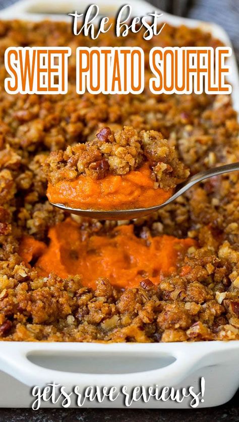 This sweet potato souffle is a creamy blend of sweet potatoes and spices topped with a brown sugar and pecan streusel. Sweet Potato Suffle, Ruths Chris Sweet Potato Casserole, Potato Souffle, Recipe Sweet Potato, Best Sweet Potato, Sweet Potato Souffle, Ruth Chris, Souffle Recipes, Sweet Potato Recipes Casserole