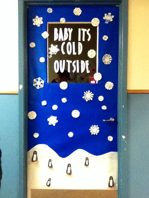 Winter infant classroom door!  The penguins are footprints! Door Decorations Winter, Winter Door Decorations Classroom, Preschool Door Decorations, Infant Room Ideas, Winter Classroom Door, Preschool Door, Christmas Classroom Door, Winter Door Decorations, Infant Classroom