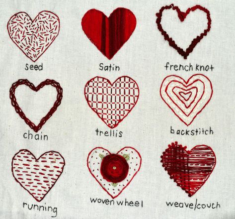 NINE FUN WAYS TO EMBROIDER VALENTINE HEARTS! — Pam Ash Designs Valentines Embroidery Designs, Valentine Embroidery, Embroidery Hearts, Embroidery Sampler, Valentine Hearts, Cute Embroidery, Simple Embroidery, 자수 디자인, Hand Embroidery Art