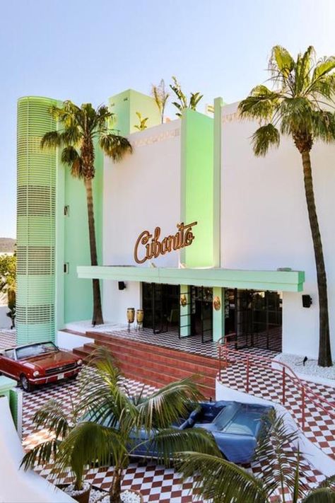 Beach Concept Interior, Art Deco Palm Springs, Pool Club Design, Art Deco Pool, Mid Century Palm Springs, Havana Style, Spring Architecture, Retro Hotel, Beach Art Deco