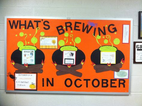 What's Brewing in October? #bulletinboard. #pto #pta Pto School Bulletin Boards, Halloween Pto Bulletin Board, October Pto Ideas, Fall Science Bulletin Boards, September Bulletin Board Ideas For Work, Informational Bulletin Board, Pto Bulletin Board Ideas, Pta Bulletin Board Ideas, Information Bulletin Board Ideas