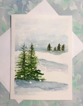 422281209828675-pin-image A watercolor painting of a snowy landscape with pine trees. | Sky Rye Design Christmas Scene Watercolor, Snowy Landscape Watercolor, Holiday Watercolor Paintings, Watercolor Paintings Christmas Cards, Watercolor Winter Cards, Winter Watercolor Cards, Winter Watercolor Simple, Watercolor Christmas Paintings, Christmas Watercolor Paintings Easy