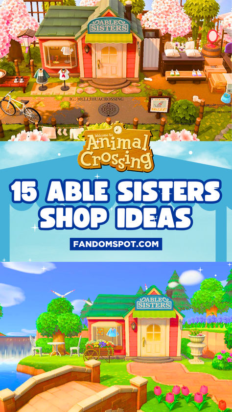 Animal Crossing: New Horizons offers loads of design abilities. But the Able Sisters shop is a bit... limited. Well this inspo gallery offers tons of ideas to bring out your creativity with the Able Sisters shop placement on your island. Acnh Ables Shop Ideas, Acnh Tokonoma Ideas, Abel Sisters Acnh, Animal Crossing Able Sisters Shop Ideas, Ables Sisters Animal Crossing Ideas, Small Builds Acnh, Acnh Lionel, Acnh Main House Exterior Ideas, Abel Sisters Animal Crossing