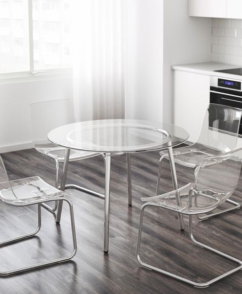 Ikea Glass Cabinet, Ikea Glass Table, Glass Chair, Round Glass Table, Ikea Table, Glass Round Dining Table, Under The Table, Glass Dining Table, Glass Cabinet