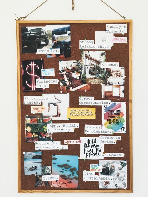 Vision Board Cork Board Ideas, 2023 Vision Board Poster, Aspiration Board Ideas, Vision Board Set Up, Vision Cork Board, Physical Vision Board Examples, Vision Board Cork Board, Goal Board Ideas Diy, Vision Board Ideas Inspiration Diy