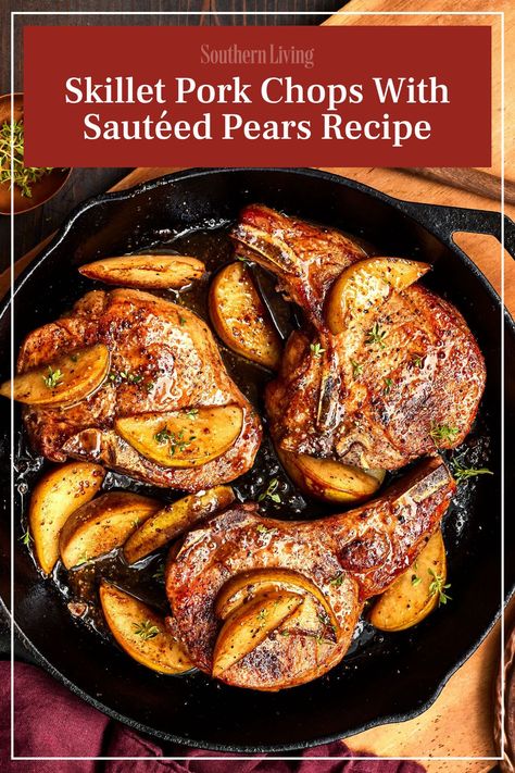 Apples and pork are a classic pairing, but pears can lend the same sweetness and their own unique flavor to pork chops. In this recipe, we pair the fall fruit with mustard and apple cider vinegar to balance the natural sweetness of the pears and maple syrup in the pan sauce. If you're in need of serving suggestions, try a wild rice pilaf or classic buttery mashed potatoes with this recipe. And any leftover pork can be sliced and repurposed in wraps, sandwiches, or on a salad. #porkchops #pears #dinner #dinnerrecipes #recipesforcompany Pork Chops With Pears, Pork Chops With Pears Recipe, Pear Pork Chops, Pear And Pork Recipes, Pork Chops And Apples Recipes, Pork Chops And Pears Recipe, Pork And Pears Recipe, Sauteed Pears Recipe, Carmelized Pears