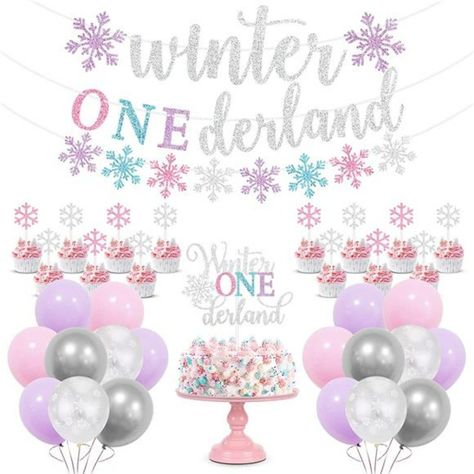 -Unique Winter Onederland Birthday Decorations Set - This Winter Onederland Birthday Decoration Package In Silver ,Blue, Pink And Purple Is Such A Fun Winter Birthday Theme! Celebrate In Style This Winter With This Adorable Winter Garland Kit !So Easy To Do, But Yet Makes A Big Statement! It Is A Perfect Addition To Your Girls First Birthday Party Or Winter Baby Shower Party Supplies. -All In One Party Decoration Kit - You Will Get: 1 * Pre-Strung Winter Onederland Banner, 1 * Pre-Strung Snowfla Silver Balloon Backdrop, Winter Onederland Party Decorations, Snowflake Balloons, Winter Birthday Themes, Winter Onederland Party Girl, First Birthday Winter, Winter Onederland Birthday Party, Wonderland Party Decorations, Winter Onederland Party