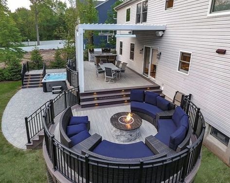 Backyard Deck Designs With Hot Tub, Back Deck Ideas With Pool, Outdoor Patio Plans, Large Deck Ideas Layout, Big Deck Ideas, Deck And Patio Combo Backyards, Large Deck Furniture Layout, Patio Off Of Deck Ideas, Large Deck Ideas