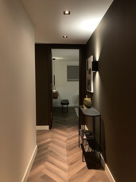 Brown Hallway Ideas, Colour Combination For Hall, Brown Hallway, Black Hallway, Home Wall Colour, Brown Rooms, Wall Colour, Brown House, Hallway Design