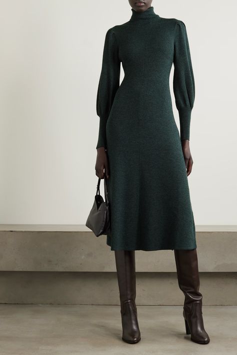 Multitasking Woman, Rich Clothes, Turtleneck Midi Dress, Boots For Fall, Eva Dress, Classy Dress Outfits, Knitwear Fashion, Green Midi Dress, Knit Midi Dress