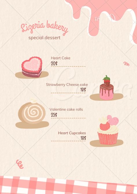 Bakery Menu Bloxburg, Valentines Decals Bloxburg, Cafe Menu Design Layout, Bloxburg Menu Codes, Bloxburg Menu Decals, Bloxburg Bakery Decals, Aesthetic Menu Design, Valentine Food, Menu Design Layout