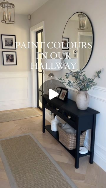 Hallway Ideas Dark Wood Floor, Hallway Inspo Entrance, Black And Grey Hallway, Colour Drench Hallway, Black And Beige Hallway, Hallway Paint Colours, Two Tone Hallway, Hallway Panelling Ideas, White Hallway Ideas