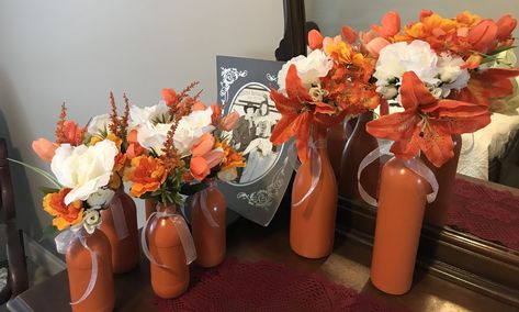 Wedding Centerpieces Diy Burnt Orange, Orange Centerpieces For Party, Burnt Orange Centerpieces, Remission Celebration, Wine Bottle Wedding Decor, Grey Wedding Decor, Orange Centerpieces, Banquet Decor, Wine Bottle Centerpieces