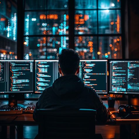 Coder at Night: A dedicated programmer working late into the night amidst a sea of glowing code on multiple monitors. #coding #programmer #technology #computers #night #cityscape #development #software #aiart #aiphoto #stockcake https://ayr.app/l/gcrD Computer Images Technology, Computer Coding Aesthetic, Coding Programming Aesthetic, Software Developer Aesthetic, Computer Science Student Aesthetic, Software Aesthetic, Coder Aesthetic, Cs Aesthetic, Computers Aesthetic