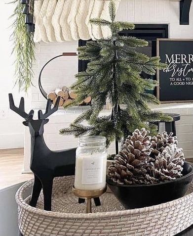 Winter Tray Decor Ideas, Neutral Christmas Coffee Table Decor, Winter Kitchen Island Decor, Christmas Kitchen Tray Decor, Christmas Lazy Susan Decor, Island Christmas Centerpiece Ideas, Xmas Coffee Table Decor, End Table Christmas Decor, Christmas Coffee Table Centerpieces