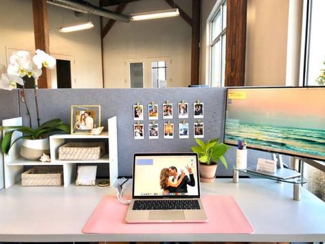 What To Put On Your Desk Aesthetic, Orange And Blue Office Decor, Floral Office Decor Work Spaces, Cute Office Desk Decor At Work Professional, Cute Office Ideas For Work Professional, Cubicle Plants Decor, Cubicle Photo Display, Pretty Cubicle Ideas, Cubicle Aesthetic Inspiration